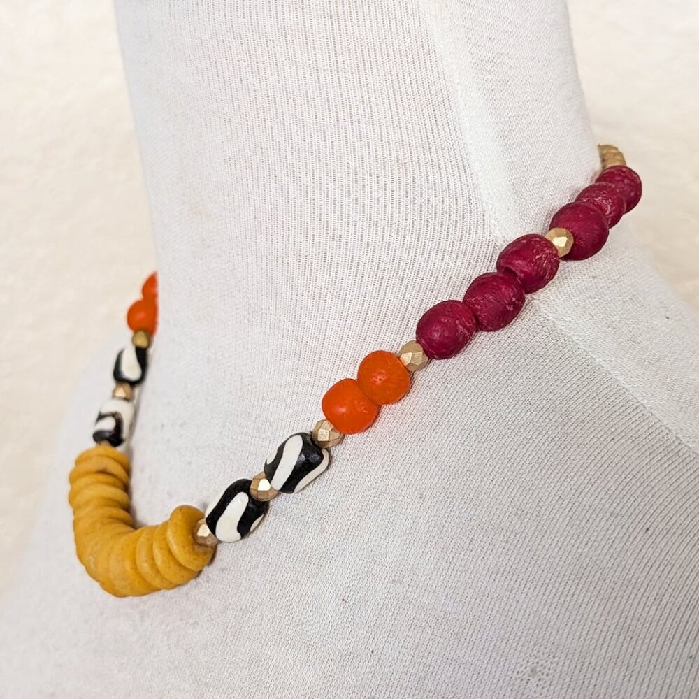 Boho Burgundy, Orange & Mustard Yellow Recycled Glass Batik Statement Necklace - Picture 2 of 3